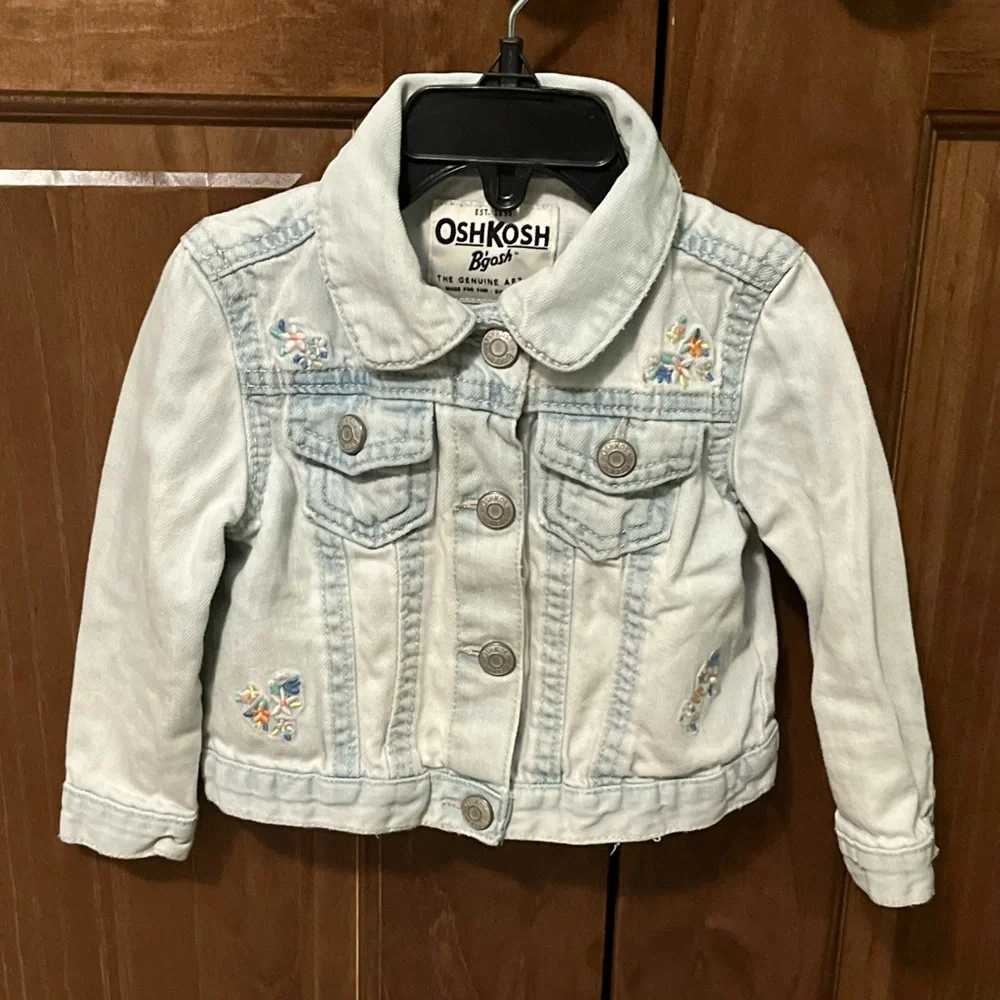 OshKosh B'gosh Girl’s Light Blue Denim Jacket, Snaps. Embroidered Detail, 18 Mo
